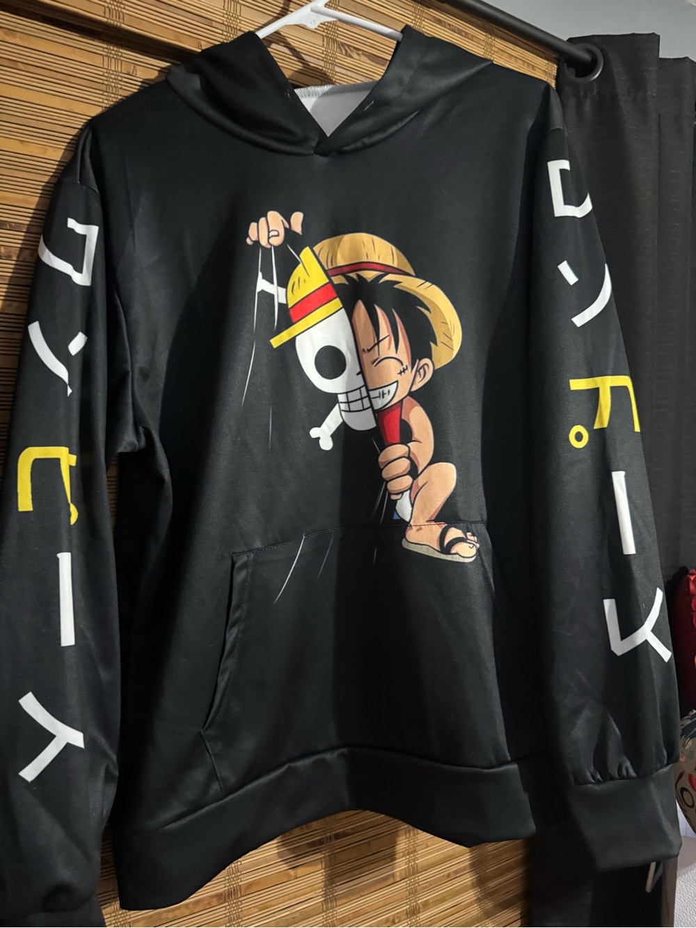 Black Graphic Hoodie Sweater with Straw Hat Character